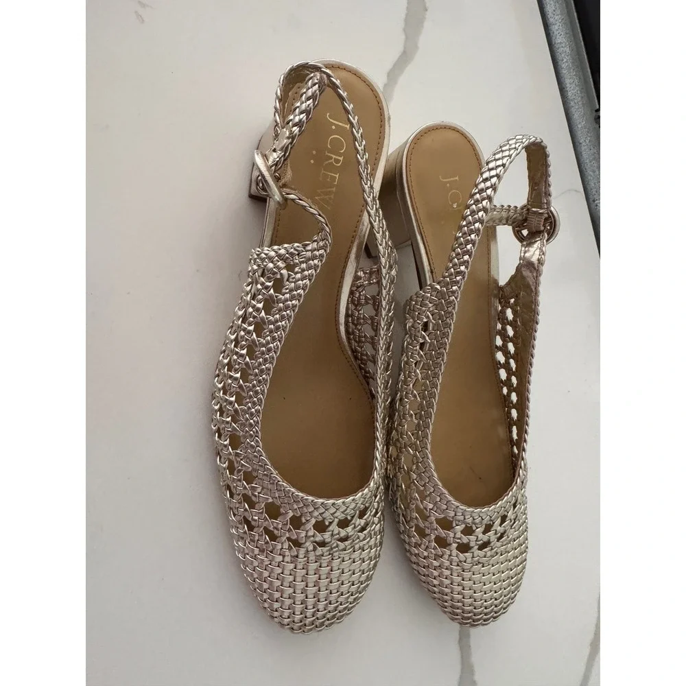 J.Crew Metallic Gold Woven Slingback Block Heel Pumps 8.5 2018511-KH04